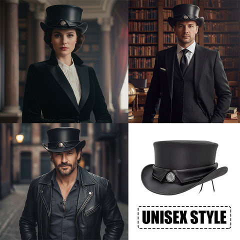 Handcrafted Black Leather Top Hat Cowhide Steampunk Western Costume Festival Cosplay Hat