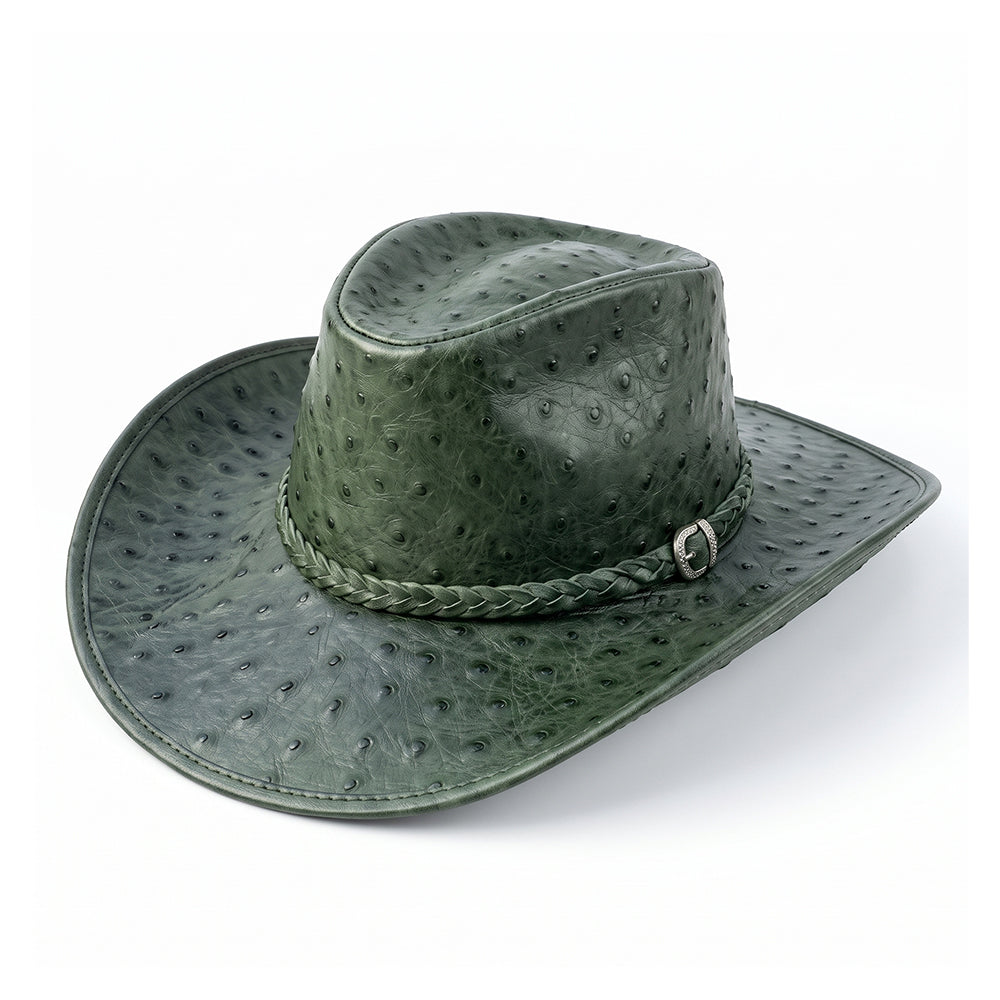 Green Ostrich Embossed Leather Cowboy Hat - Western Rodeo Wide Brim Hat