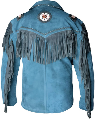 Men’s Blue Suede Fringe Jacket – Western Cowboy Leather Coat with Beads &amp; Tassels | Handmade Native Style Festival Wear