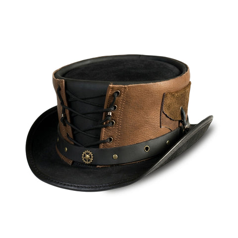 Handmade Black Brown Cowhide Top Hat Steampunk Gothic Corset Gear Rivet Festival Cosplay Unisex