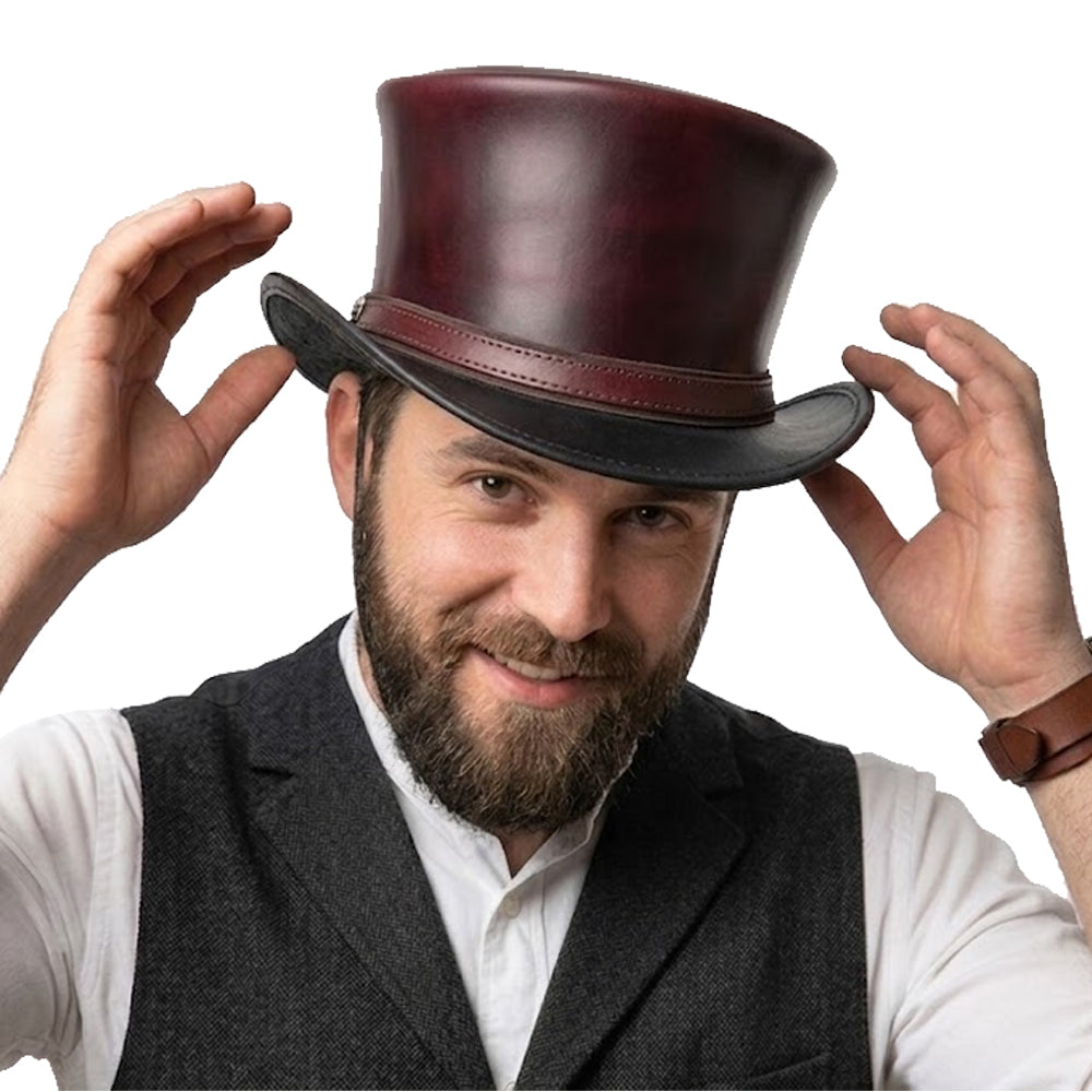 Maroon Black Leather Top Hat Steampunk Gothic Biker Handmade Cowhide Festival Cosplay Hat