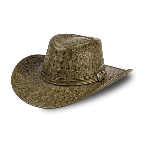 Crocodile Embossed Leather Cowboy Hat  Genuine Cowhide Retro Olive Green Western Outback Sun Hat with Silver Buckle for Men & Women