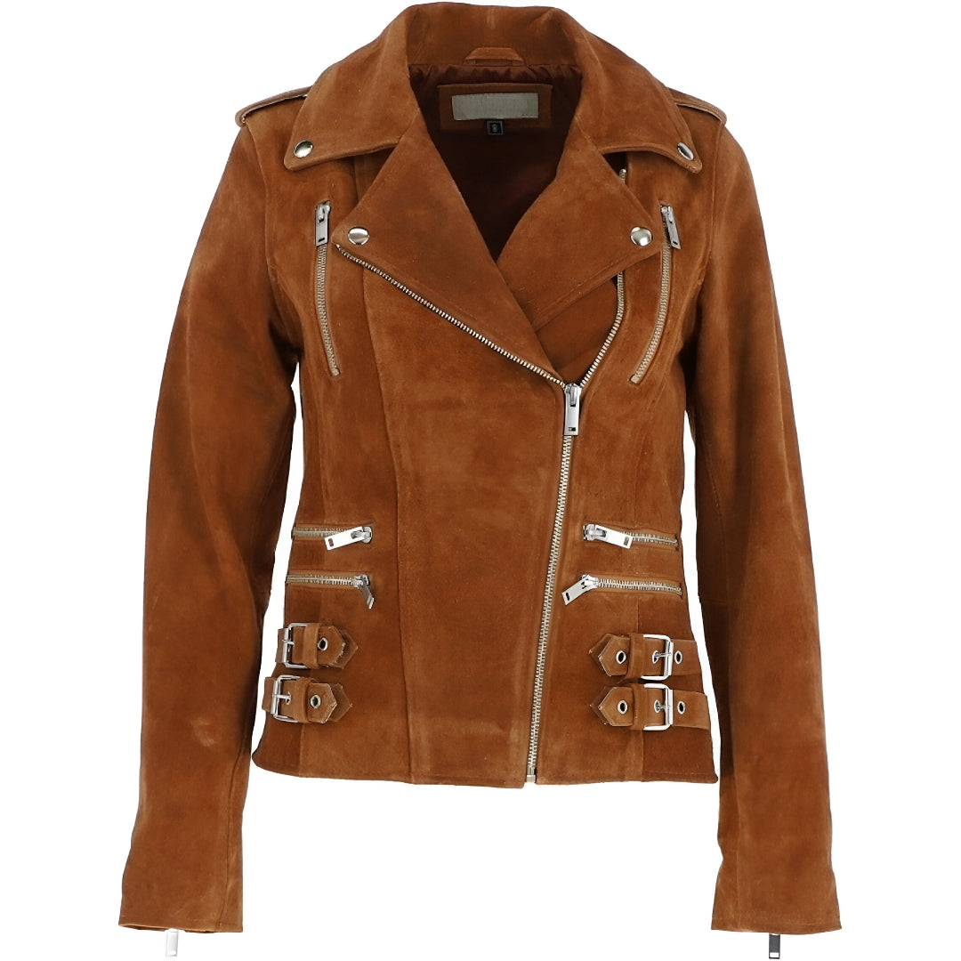 Brown Suede Biker Jacket for Women – Vintage Moto Style Leather Look Coat, Western Cowgirl Fall Outerwear with Zipper Details