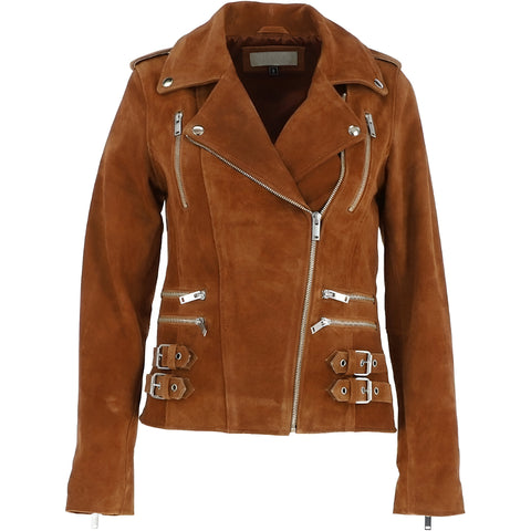 Brown Suede Biker Jacket for Women – Vintage Moto Style Leather Look Coat, Western Cowgirl Fall Outerwear with Zipper Details