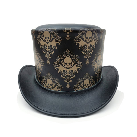 Mens Royal Skull Leather Top Hat Steampunk Gothic Engraved Damask Hat