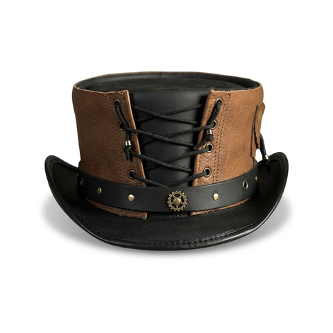 Handmade Black Brown Cowhide Top Hat Steampunk Gothic Corset Gear Rivet Festival Cosplay Unisex