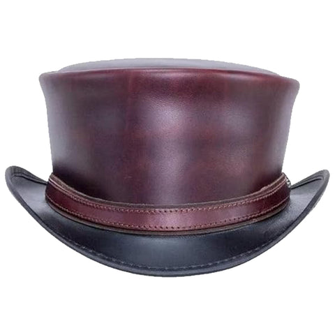 Handmade Maroon & Black Leather Top Hat Steampunk Gothic Leather Hat Gifts For Men Women Shapeable Brim