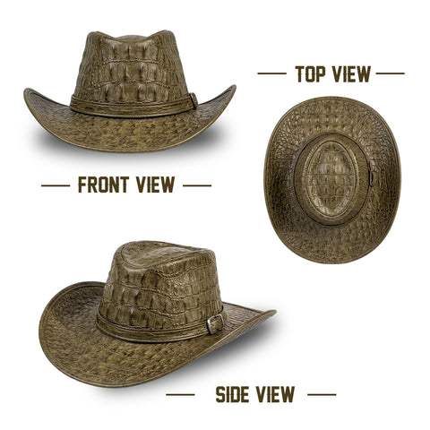 Crocodile Embossed Leather Cowboy Hat  Genuine Cowhide Retro Olive Green Western Outback Sun Hat with Silver Buckle for Men & Women