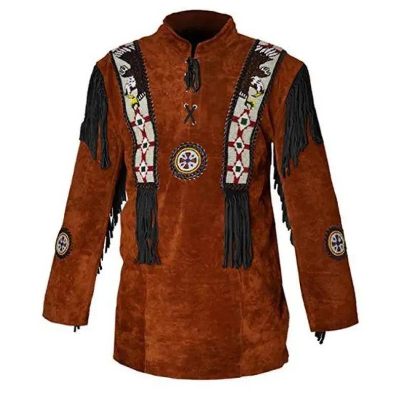 Handmade Native American Style Brown Suede Leather Shirt with Fringe & Beaded Detail – Western Tribal Wear