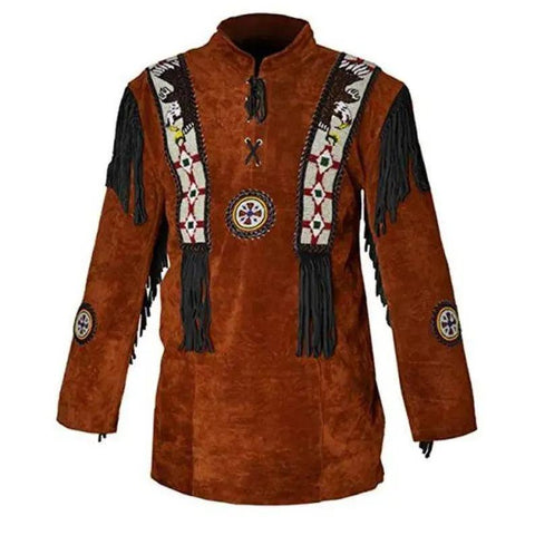 Handmade Native American Style Brown Suede Leather Shirt with Fringe & Beaded Detail – Western Tribal Wear
