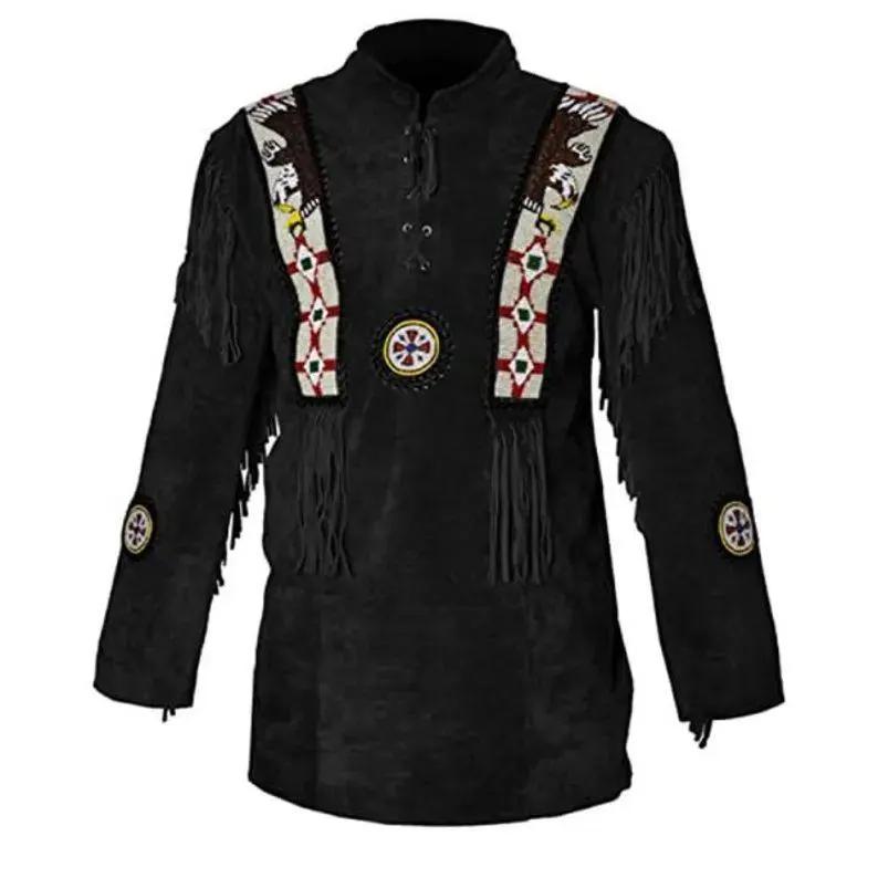 Handmade Native American Style Black Suede Leather Shirt with Beadwork & Fringe – Tribal Western Wear