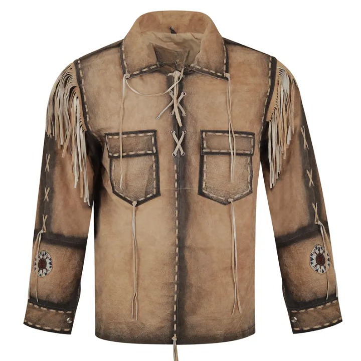 Men’s Beige Suede Fringe Cowboy Jacket – Western Style Leather Shirt .