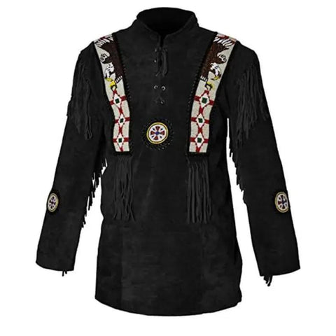 Handmade Native American Style Black Suede Leather Shirt with Beadwork & Fringe – Tribal Western Wear