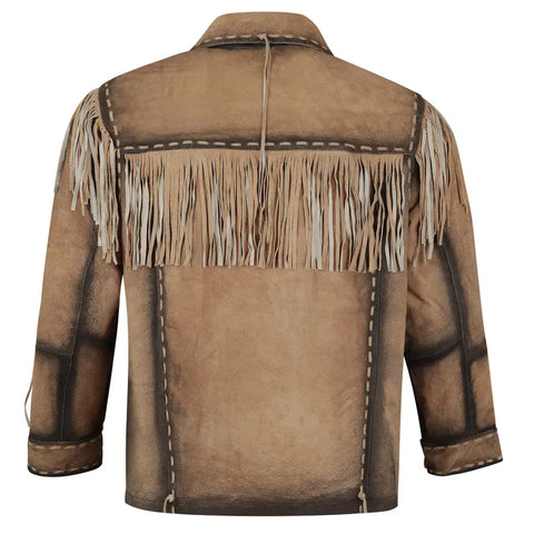 Men’s Beige Suede Fringe Cowboy Jacket – Western Style Leather Shirt .