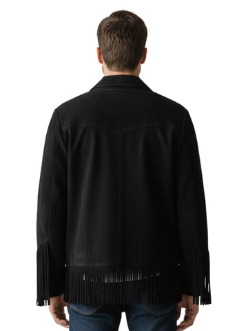 Mens Black Suede Fringe Jacket Western Tiered Cowboy Button Front Coat Style