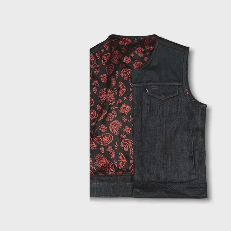 Men’s Black Denim Leather Motorcycle Vest Red Stitch Club Style Biker Vest with Concealed Carry Pockets