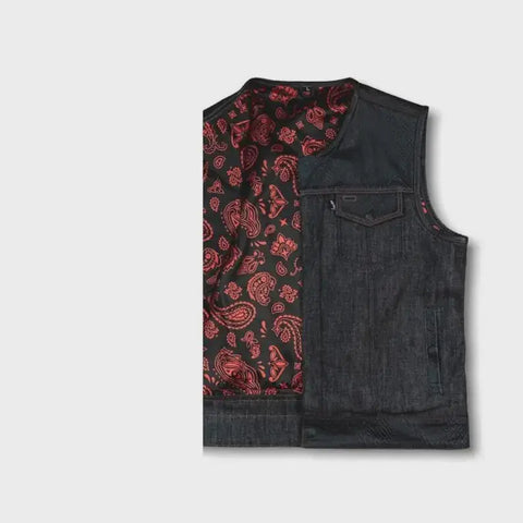Men’s Black Denim Leather Motorcycle Vest Red Stitch Club Style Biker Vest with Concealed Carry Pockets