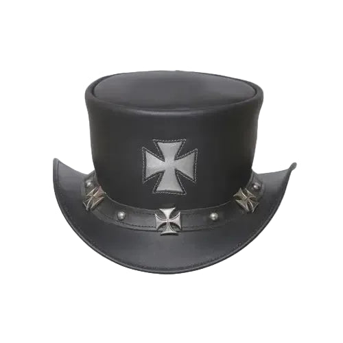 Black Leather Iron Cross Top Hat – Steampunk Gothic Biker Style