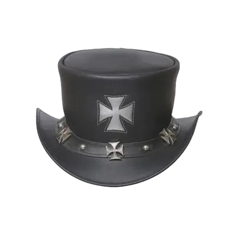 Black Leather Iron Cross Top Hat – Steampunk Gothic Biker Style