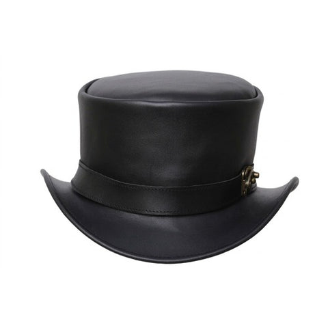 Black Leather Short Top Hat – Steampunk Gothic Biker Style