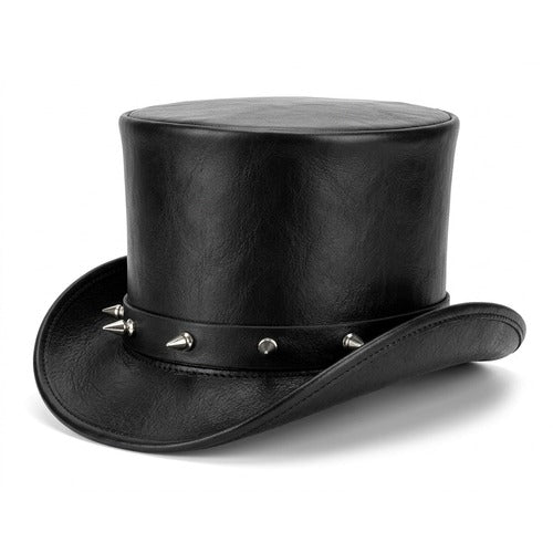 Black Leather Spiked Top Hat Steampunk Gothic Biker Studded Handmade Cowhide Hat