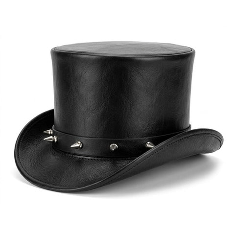 Black Leather Spiked Top Hat Steampunk Gothic Biker Studded Handmade Cowhide Hat