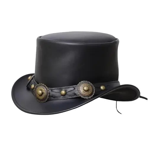 Black Leather Steampunk Top Hat – Gothic Victorian Biker Style