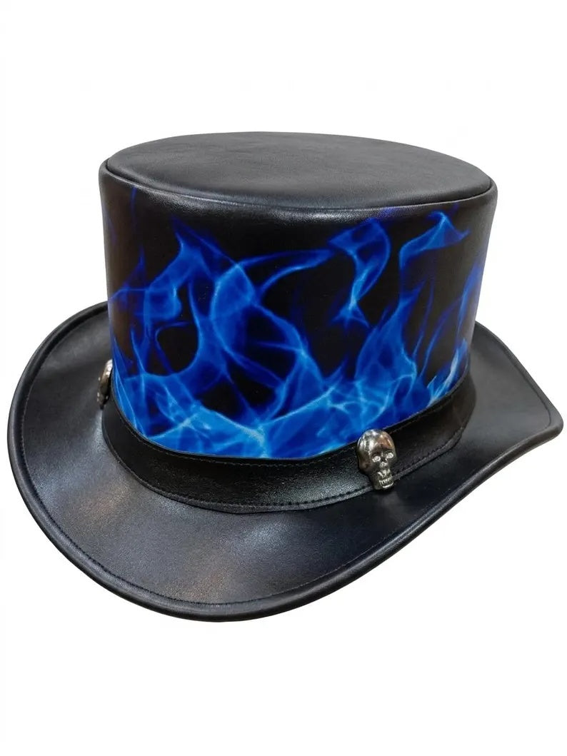 Black Leather Top Hat – Blue Flame Skull Steampunk Biker Style