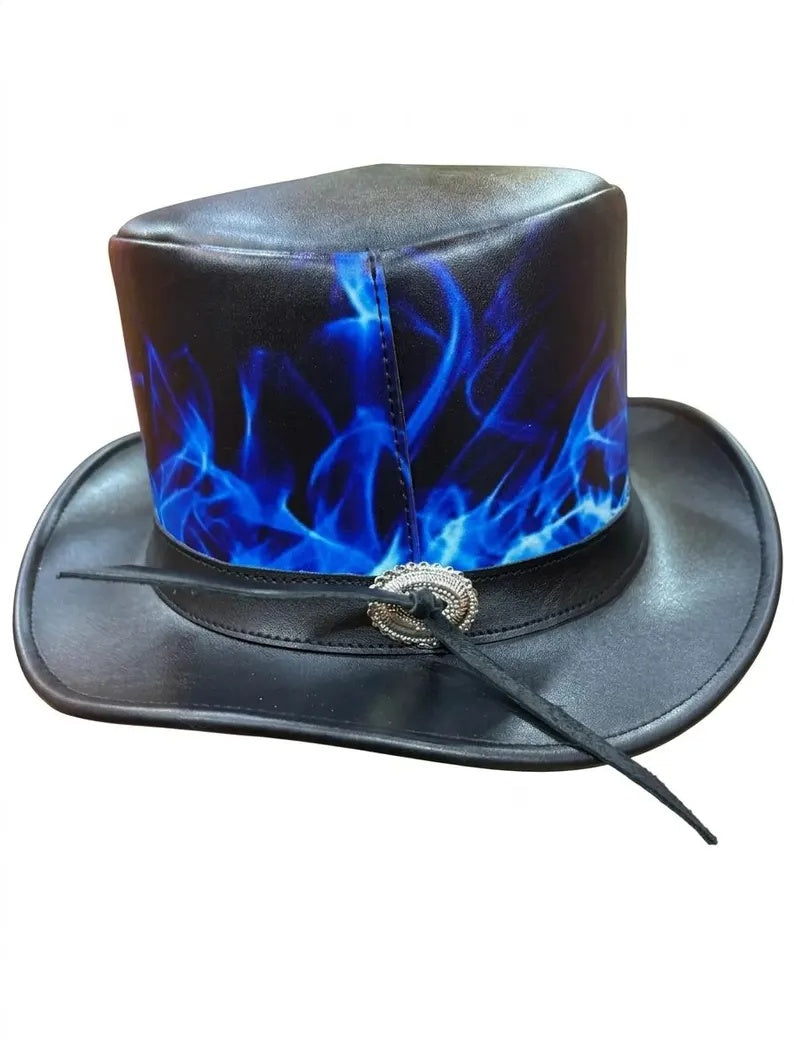 Black Leather Top Hat Blue Flame Skull Steampunk Gothic Biker Festival Hat