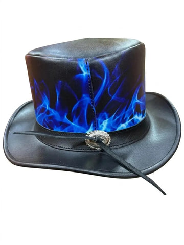 Black Leather Top Hat Blue Flame Skull Steampunk Gothic Biker Festival Hat