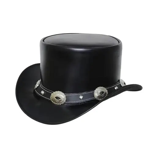 Black Leather Top Hat – Steampunk Gothic Biker Concho Style