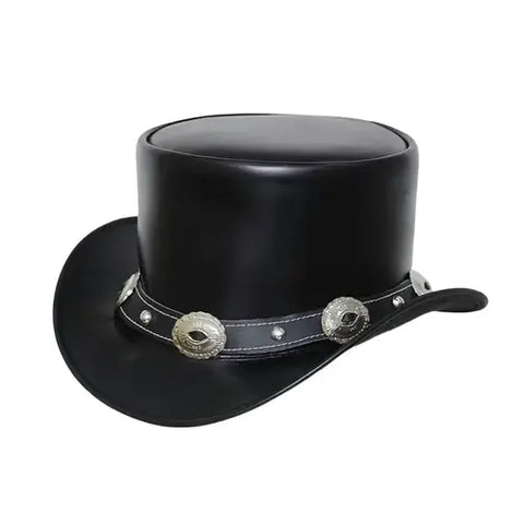 Black Leather Top Hat – Steampunk Gothic Biker Concho Style