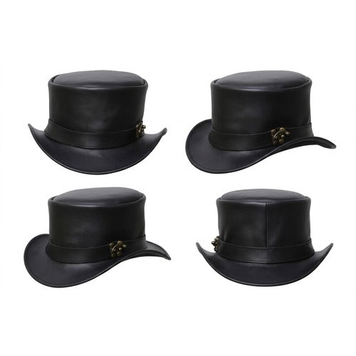 Black Leather Short Top Hat – Steampunk Gothic Biker Style