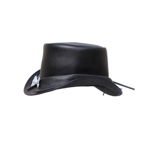 Black Leather Top Hat with Bow Tie – Victorian Steampunk Gothic Style
