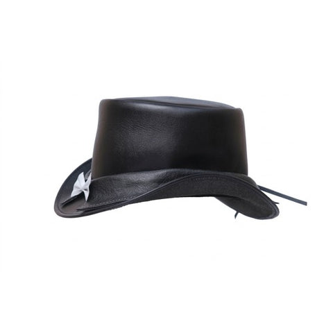 Black Leather Top Hat with Bow Tie – Victorian Steampunk Gothic Style