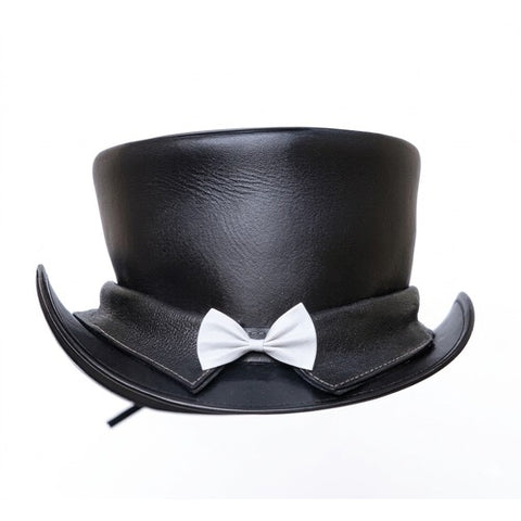 Black Leather Top Hat with Bow Tie – Victorian Steampunk Gothic Style