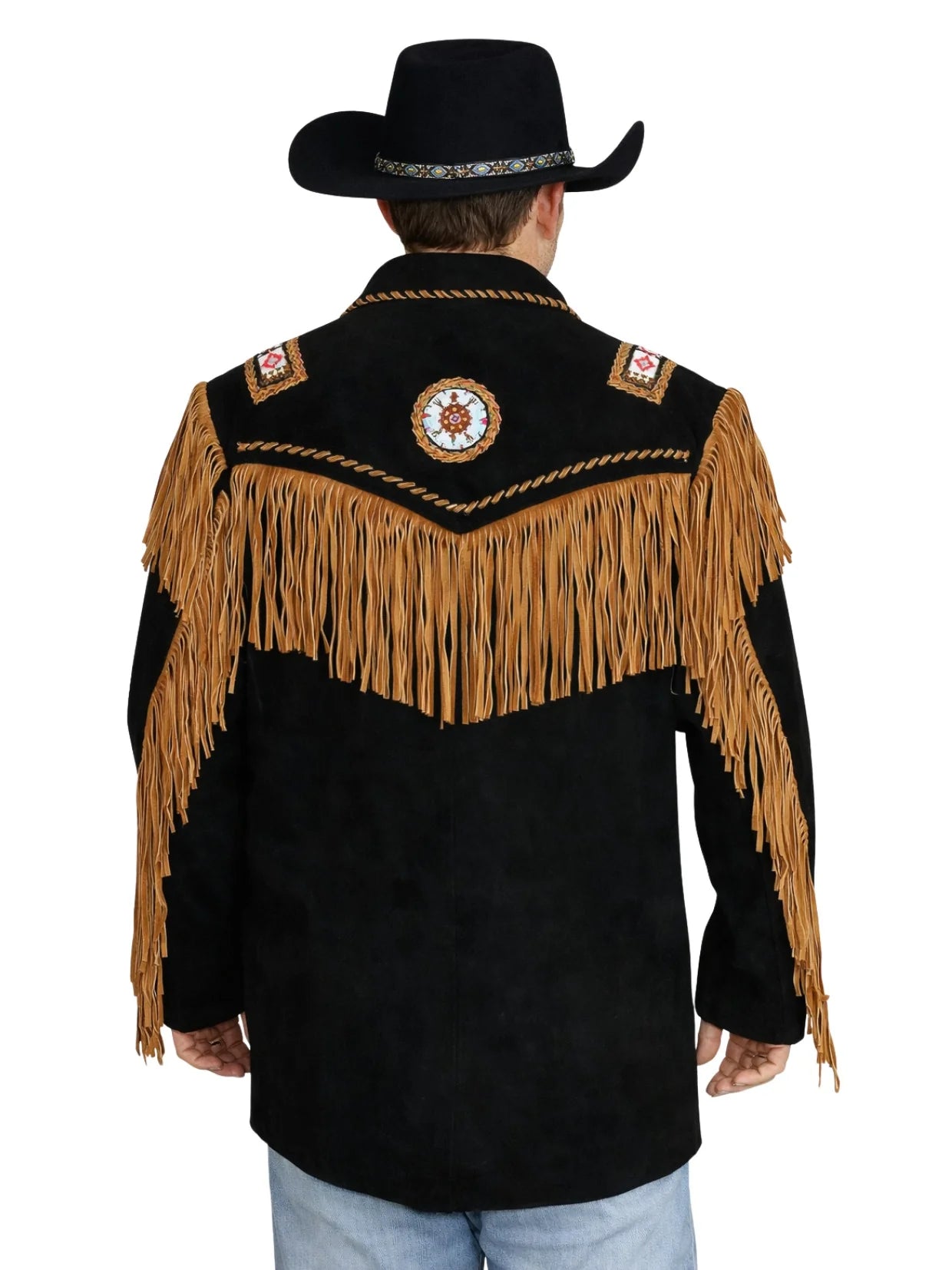 Mens Black Suede Cowboy Jacket with Fringe Beadwork and Bone Detailing | Western Style