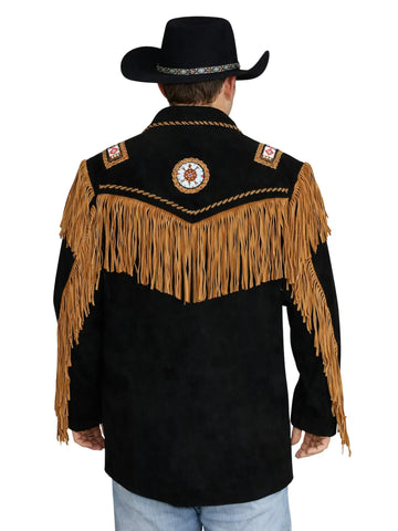 Mens Black Suede Cowboy Jacket with Fringe Beadwork and Bone Detailing | Western Style