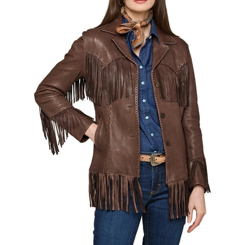 Brown Leather Fringe Jacket – Western Cowgirl Coat – Boho Festival Style – Genuine Leather Retro Outerwear
