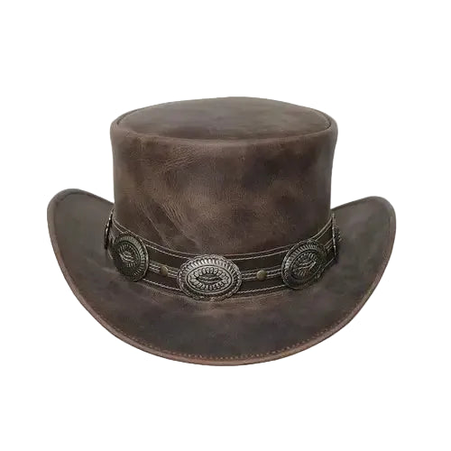 Brown Leather Steampunk Top Hat – Western Gothic Concho Style