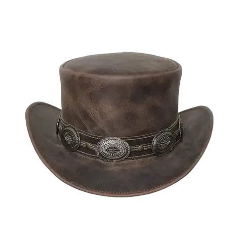 Brown Leather Steampunk Top Hat – Western Gothic Concho Style