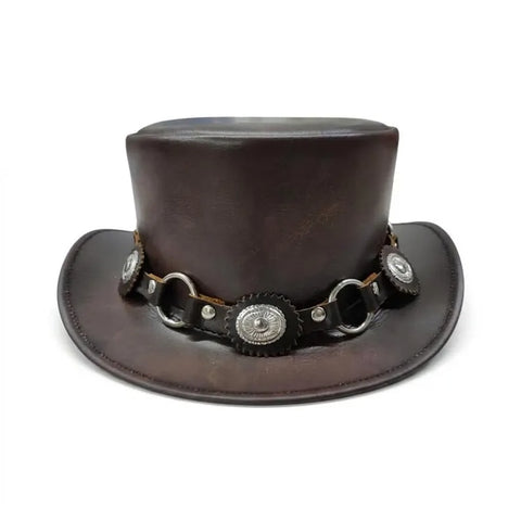 Brown Leather Top Hat Steampunk Gothic Concho O Ring Biker Festival Hat