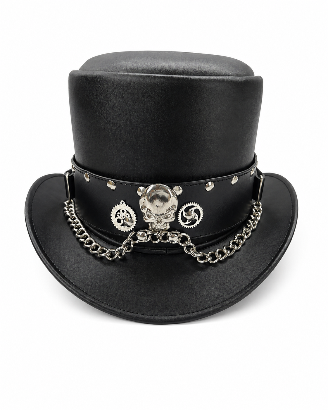 Steampunk Skull and Gear Leather Top Hat - Black Metal Chain Gothic Hat