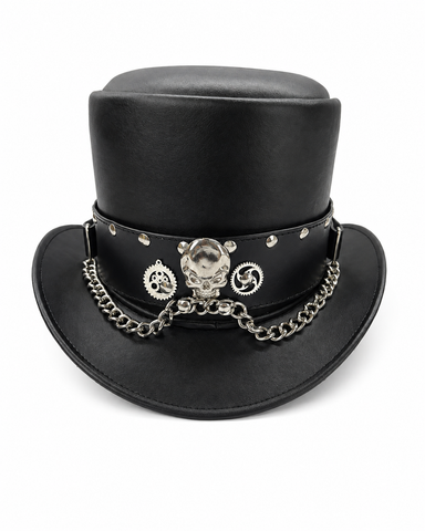 Steampunk Skull and Gear Leather Top Hat - Black Metal Chain Gothic Hat