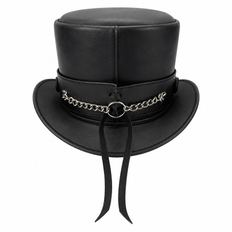 Steampunk Skull and Gear Leather Top Hat - Black Metal Chain Gothic Hat