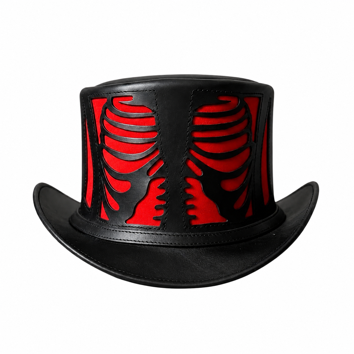 Black and Red Skeleton Rib Cage Leather Top Hat - Gothic Halloween Costume  Hat