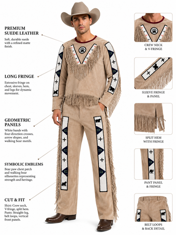 Men’s Suede Frontier Outfit  Two Piece Western Fringe Shirt and Pants Set with Beaded Style Geometric Panels