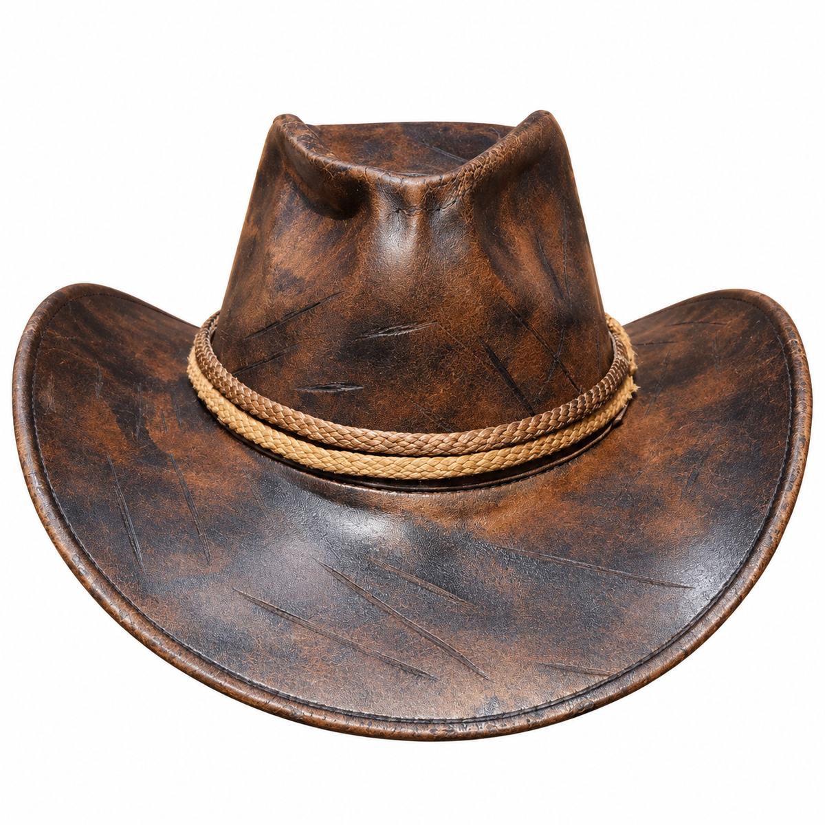 Distressed Brown Leather Cowboy Hat - Western Outlaw Hat with Braided Rope Band