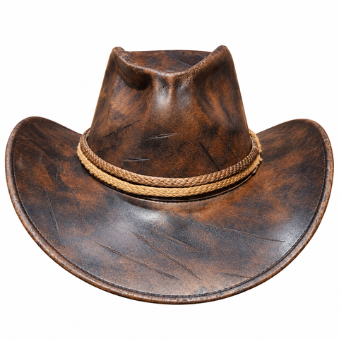 Distressed Brown Leather Cowboy Hat - Western Outlaw Hat with Braided Rope Band