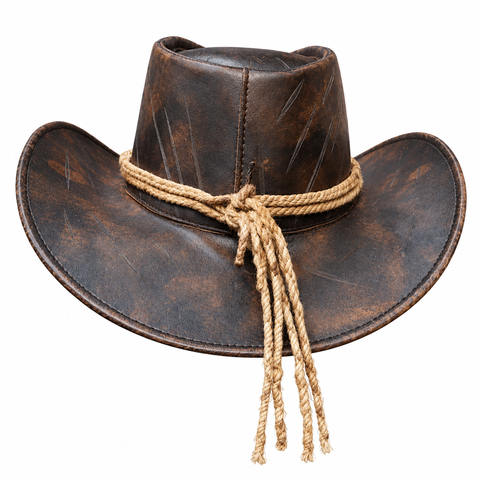 Distressed Brown Leather Cowboy Hat - Western Outlaw Hat with Braided Rope Band